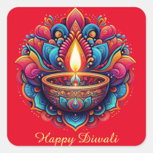 Happy Diwali Colourful Diya Festival of Light Red  Square Sticker