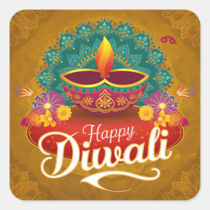 Happy Diwali Colourful Diya Festival of Light Square Sticker