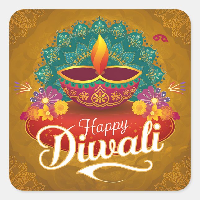 Happy Diwali Colourful Diya Festival of Light Square Sticker (Front)