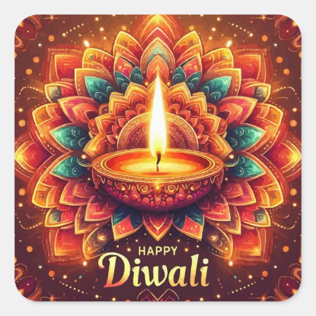 Happy Diwali Colourful Mandala Festival of Light Square Sticker (Front)