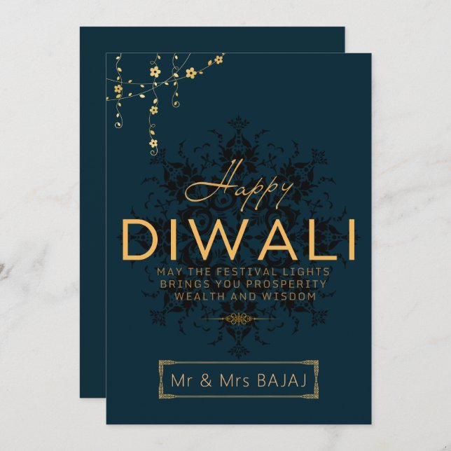 Happy Diwali customisable navy and gold Holiday Card (Front/Back)