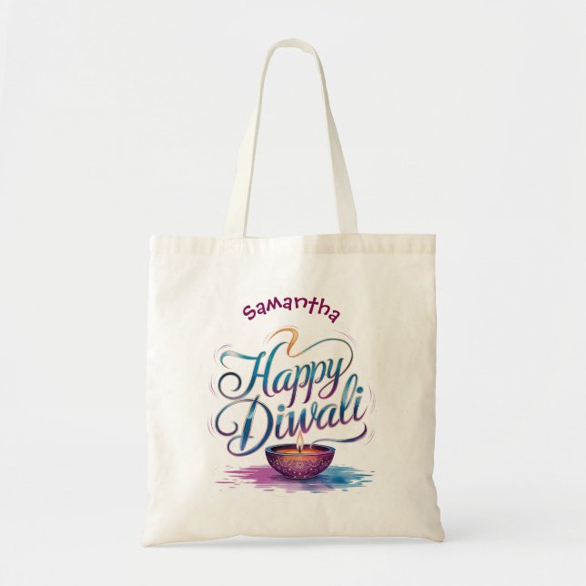Happy Diwali customisable watercolour diya design Tote Bag (Front)