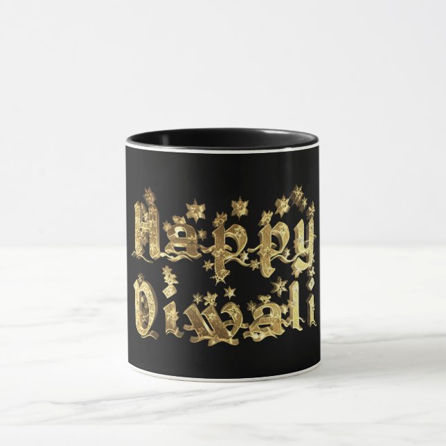 Happy Diwali Decorative Stars Typography Gold Mug (Center)
