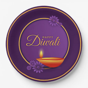 Happy Diwali Diya Candle Purple Gold 9" Paper Plate