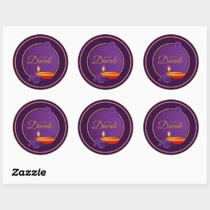 Happy Diwali Diya Candle Purple Gold Paper Classic Round Sticker