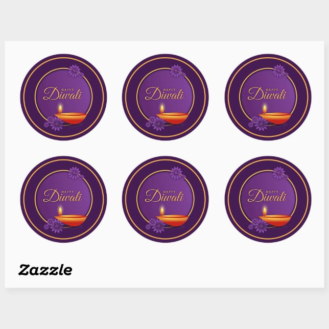 Happy Diwali Diya Candle Purple Gold  Paper  Classic Round Sticker (Sheet)