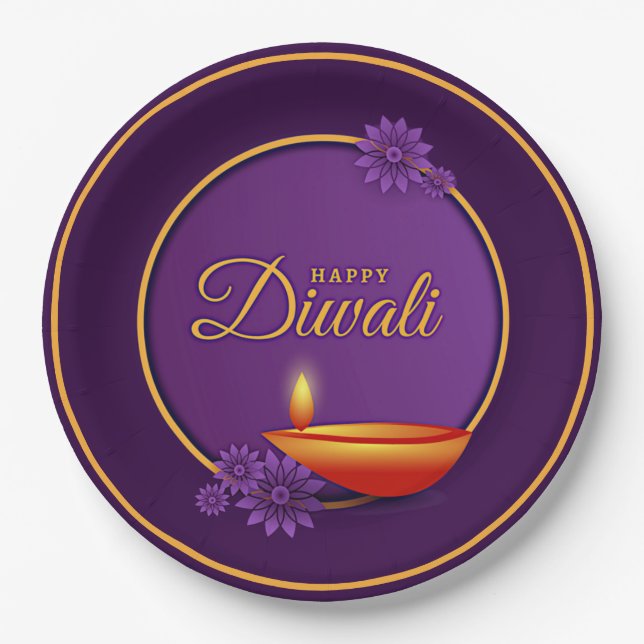 Happy Diwali Diya Candle Purple Gold Paper Plate (Front)