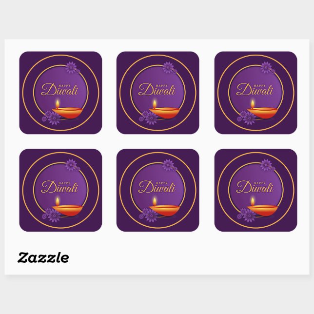 Happy Diwali Diya Candle Purple Gold  Paper  Square Sticker (Sheet)
