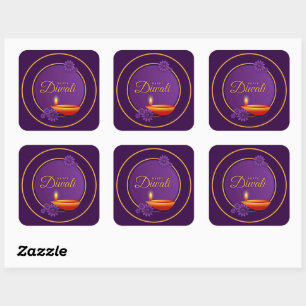 Happy Diwali Diya Candle Purple Gold Paper Square Sticker