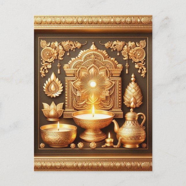 Happy Diwali Diya Festival of Light Floral Gold  Holiday Postcard (Front)
