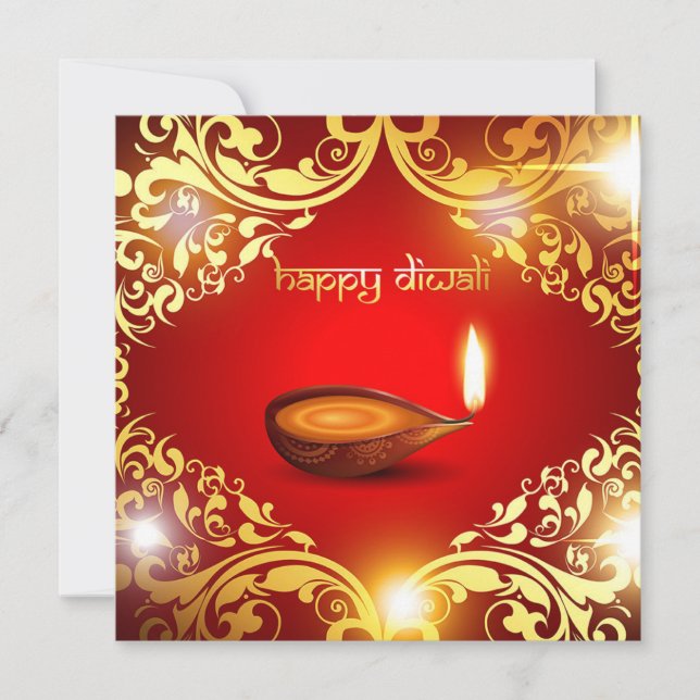 Happy Diwali Diya Festival of Light Gold Red Holiday Card (Front)