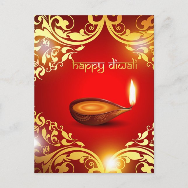 Happy Diwali Diya Festival of Light Gold Red Holiday Postcard (Front)