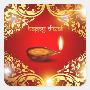 Happy Diwali Diya Festival of Light Gold Red Square Sticker