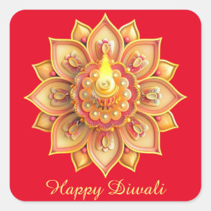 Happy Diwali Diya Festival of Light Gold Red Square Sticker