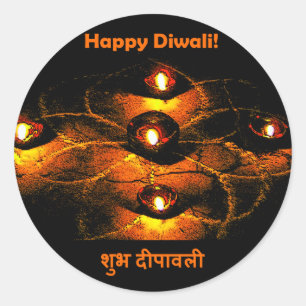 Happy Diwali Diya Lights and Hindi Greeting Classic Round Sticker