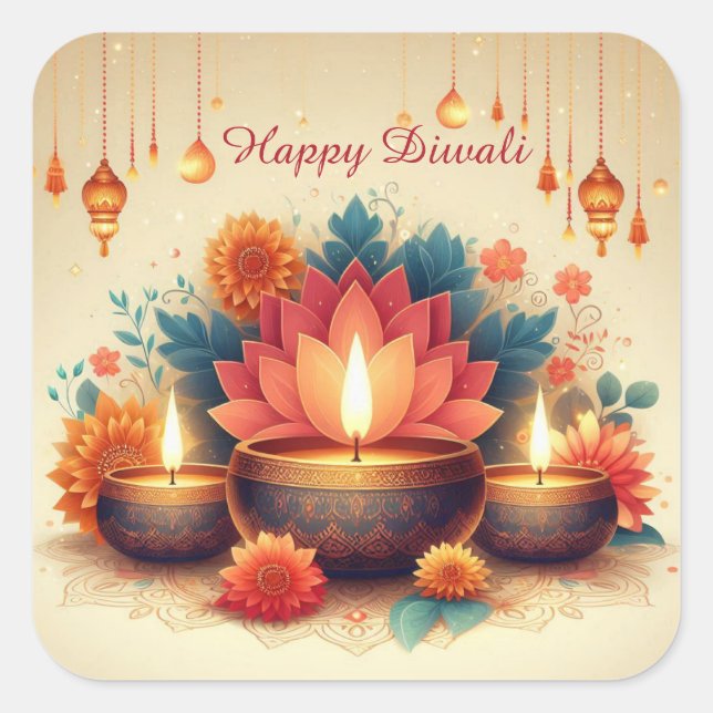 Happy Diwali Diya Lotus Festival of Light Floral Square Sticker (Front)
