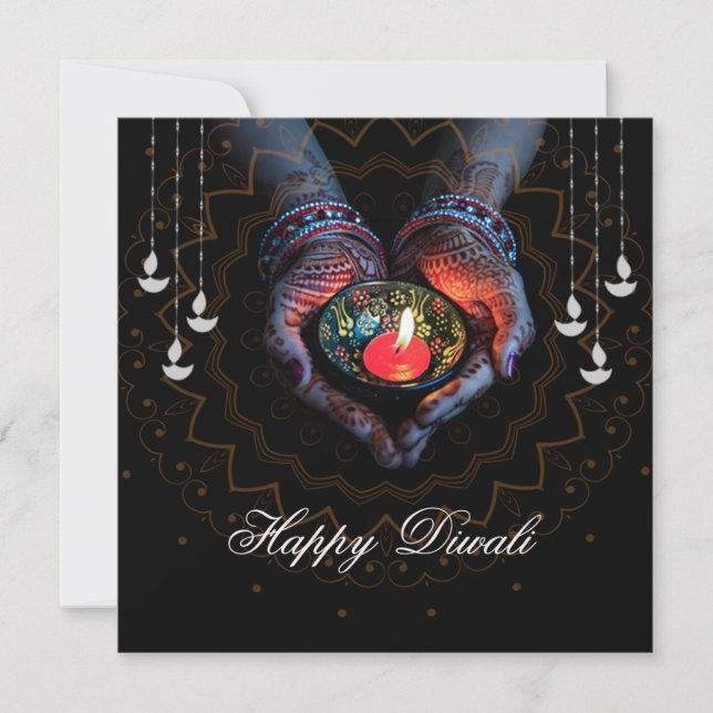 Happy Diwali  Diya Mandala Festival of Light Black Holiday Card (Front)