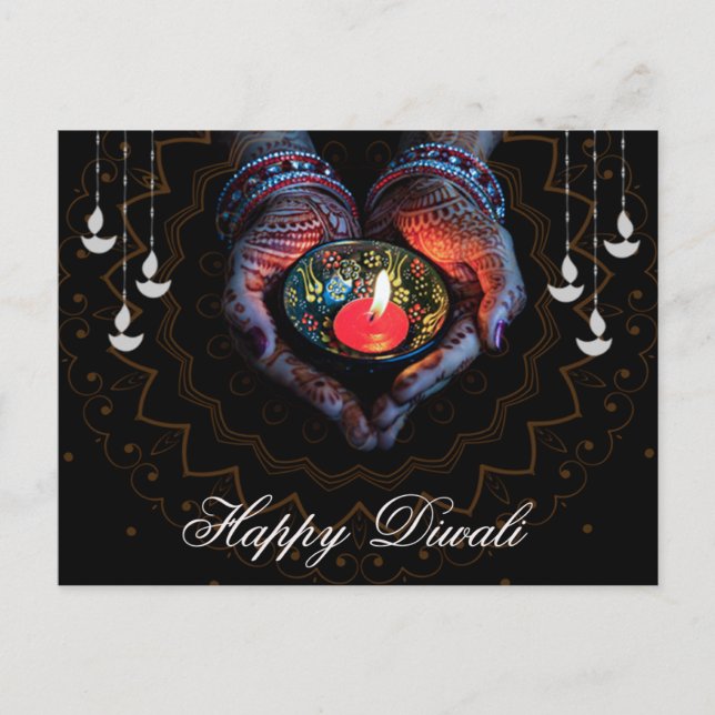 Happy Diwali  Diya Mandala Festival of Light Black Holiday Postcard (Front)