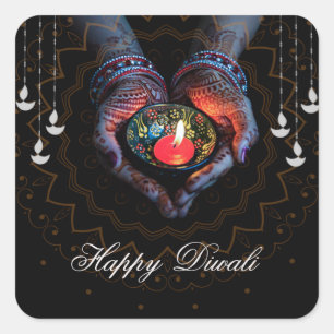 Happy Diwali  Diya Mandala Festival of Light Black Square Sticker