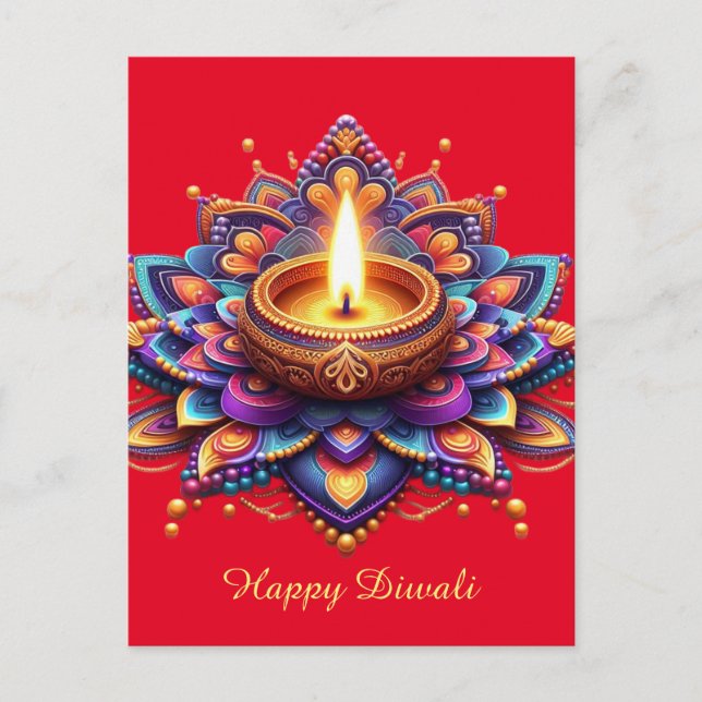 Happy Diwali Diya Rangoli Festival of Light Red Holiday Postcard (Front)