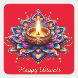 Happy Diwali Diya Rangoli Festival of Light Red Square Sticker