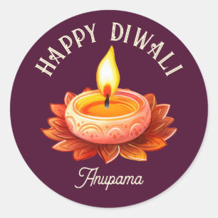 Happy Diwali Elegant Diya Lamp Customisable Classic Round Sticker