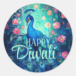 Happy Diwali Festival of Lights Peacock Classic Round Sticker