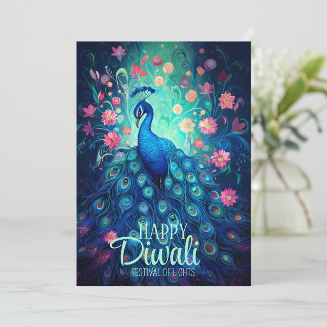Happy Diwali Festival of Lights Peacock Holiday Card (Standing Front)