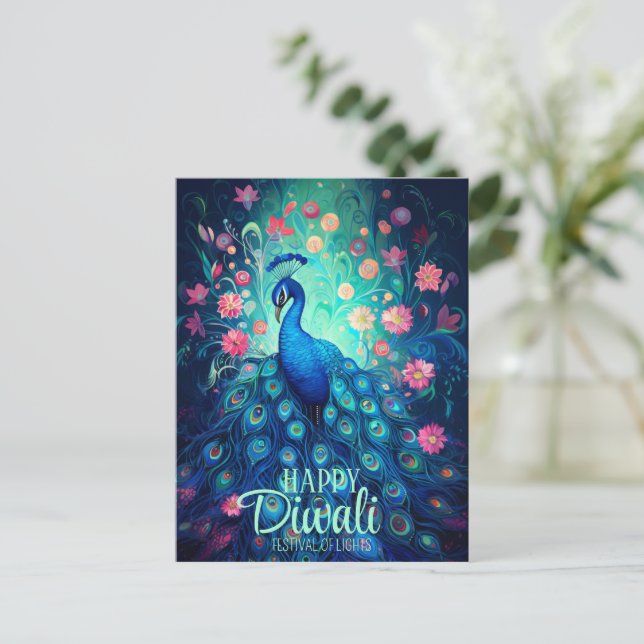 Happy Diwali Festival of Lights Peacock Holiday Postcard (Standing Front)