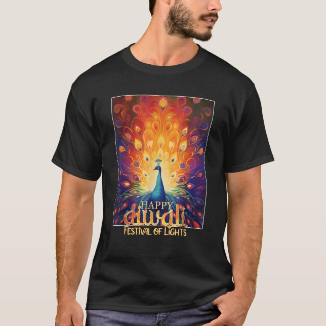 Happy Diwali Festival of Lights Vibrant Peacock De T-Shirt (Front)