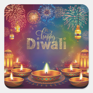 Happy Diwali Firework Diya Festival of Light Square Sticker
