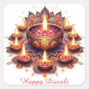 Happy Diwali Floral Diya Rangoli Festival of Light Square Sticker