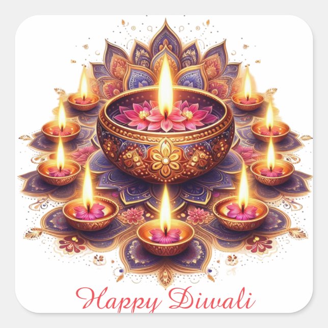 Happy Diwali Floral Diya Rangoli Festival of Light Square Sticker (Front)
