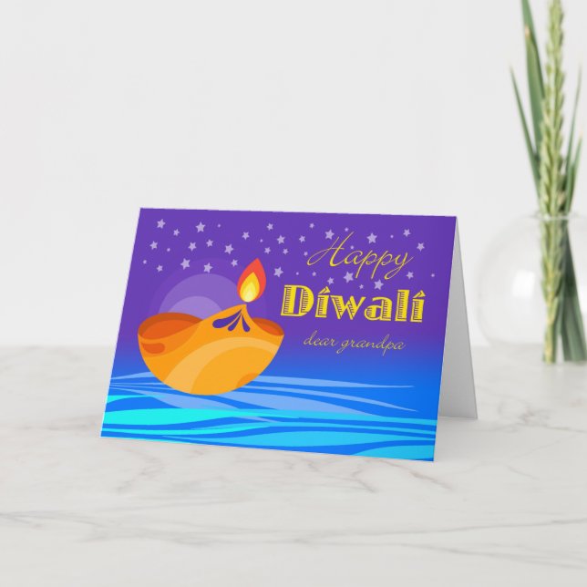 Happy Diwali for Grandpa, Diya and Stars Card (Front)