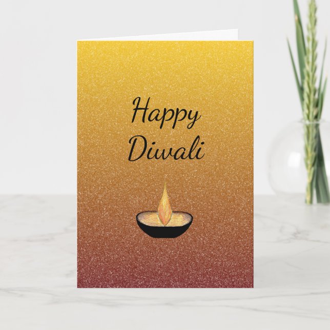 Happy Diwali Glitter Gold Elegant Diya Flame Card (Front)