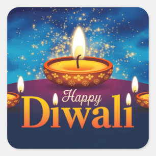 Happy Diwali Glowing Diya Festival of Light Square Sticker