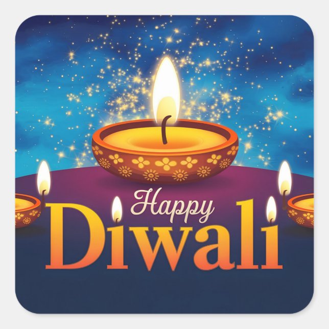Happy Diwali Glowing Diya Festival of Light Square Sticker (Front)
