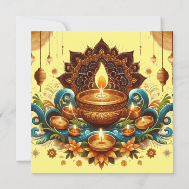 Happy Diwali Gold Diya Festival of Light Blue Holiday Card (Front)