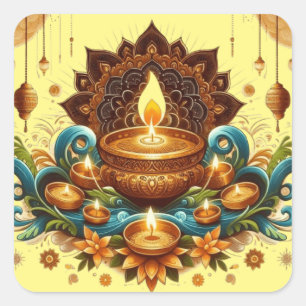 Happy Diwali Gold Diya Festival of Light Blue Square Sticker