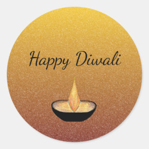 Happy Diwali Gold Glitter Diya Flame Lamp Elegant Classic Round Sticker