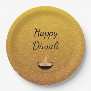 Happy Diwali Gold Glitter Diya Lamp Flame Paper Plate