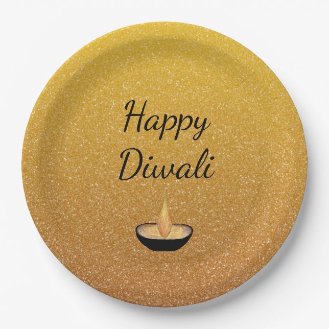 Happy Diwali Gold Glitter Diya Lamp Flame Paper Plate (Front)