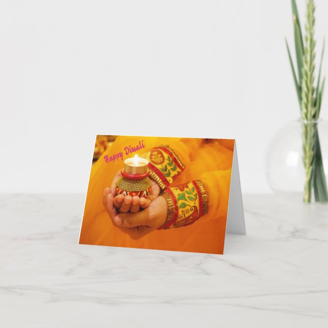 Happy Diwali Greeting Diya lamp lights hand yellow Holiday Card (Front)