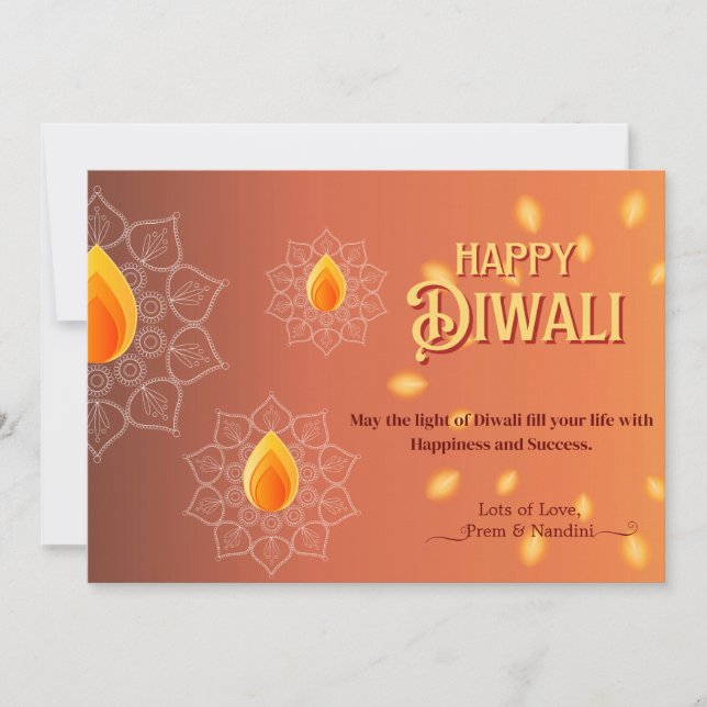 Happy Diwali Greeting Lights Lamps Orange Gold  Holiday Card (Front)