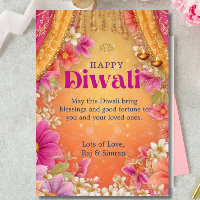 Happy Diwali Greeting Pink Yellow Purple Floral Invitation (Creator Uploaded)