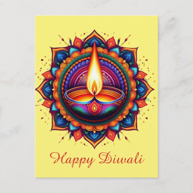 Happy Diwali Mandala Diya Festival of Light Yellow Holiday Postcard (Front)