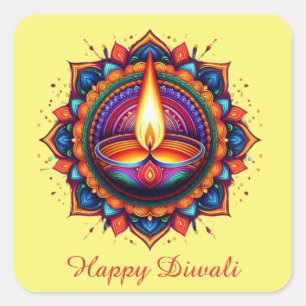 Happy Diwali Mandala Diya Festival of Light Yellow Square Sticker