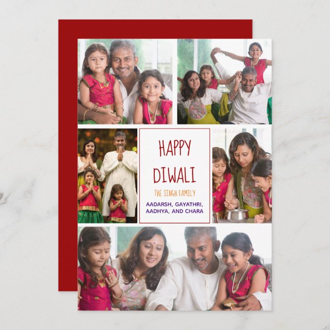 Happy Diwali Modern Photo Collage Red Holiday Card (Front/Back)
