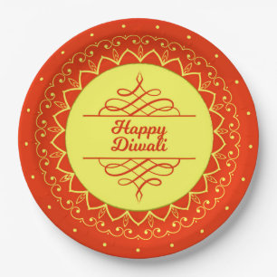 Happy Diwali Orange Cream Mandala Modern 9" Paper Plate