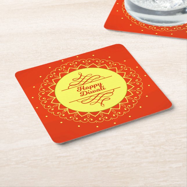 Happy Diwali Orange Cream Mandala Modern  Square Paper Coaster (Angled)